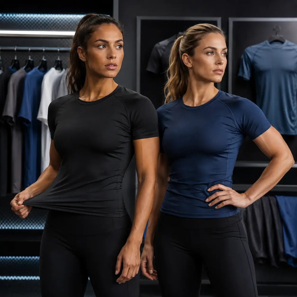 Male and female athletic models wearing fitted black and white sleeveless compression tops in a modern sportswear showroom, showcasing streamlined performance tank styles for training and activewear.